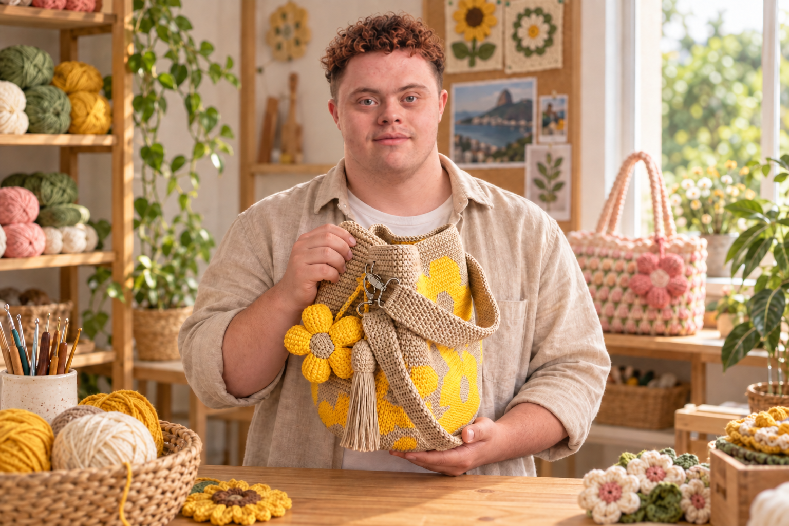 Ethan em seu ateliê apresentando uma bolsa feita em crochê