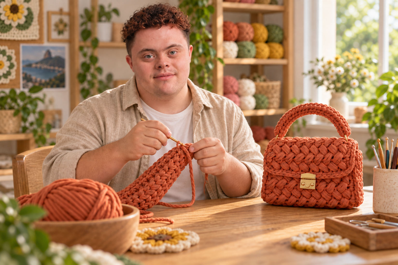 Ethan trabalhando em uma bolsa de crochê em seu ateliê