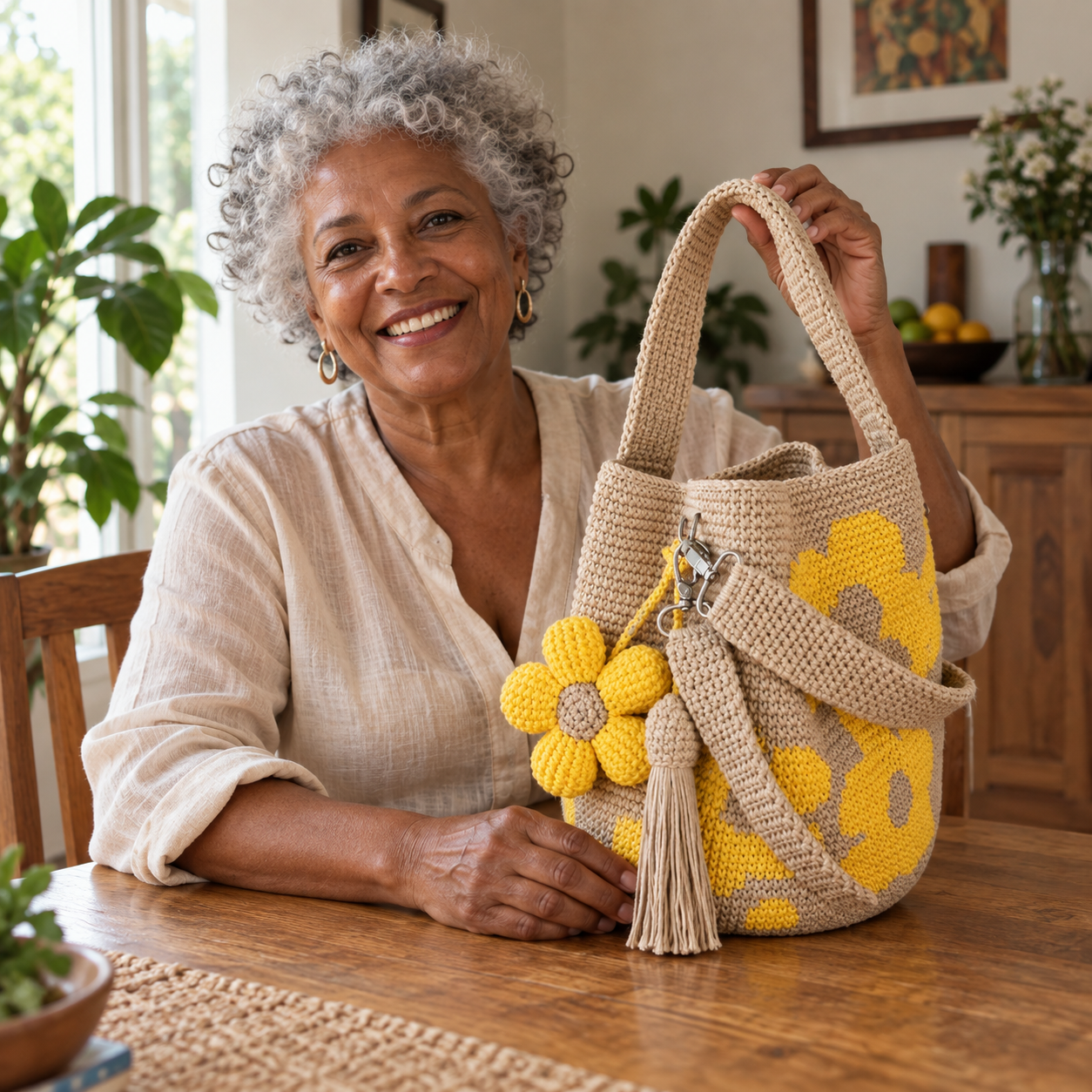 Cliente Ana L. usando uma bolsa artesanal Ethan Crochês