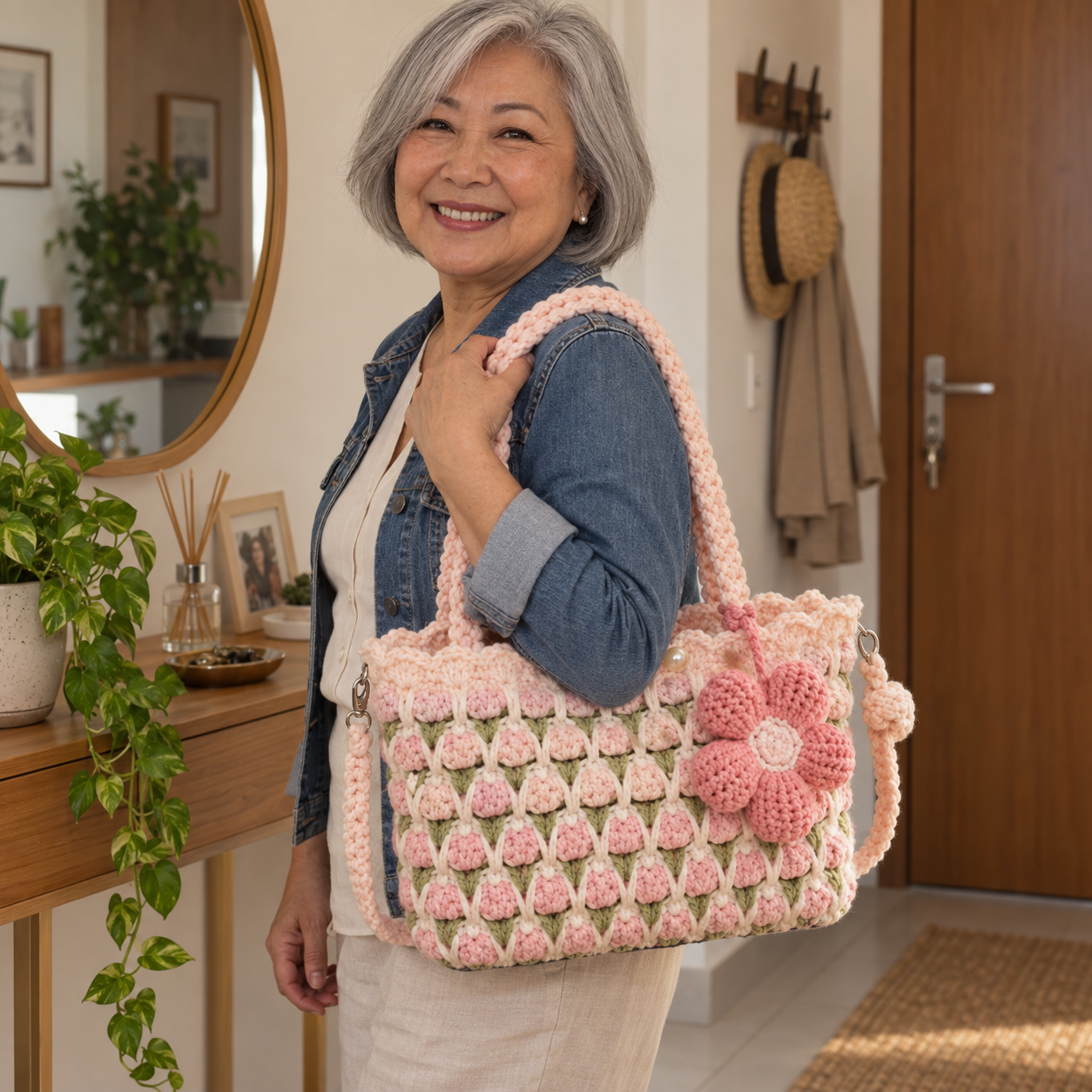 Cliente Helena K. usando uma bolsa artesanal Ethan Crochês